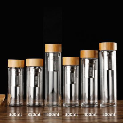 comprare Logo personalizzato a prova di perdite Bottiglia per infusione di tè a doppia parete Bottiglia di acqua di vetro a doppio isolamento con coperchio di bambù 350ml/400ml/450ml Riutilizzabile Eco-friendly online manufacture
