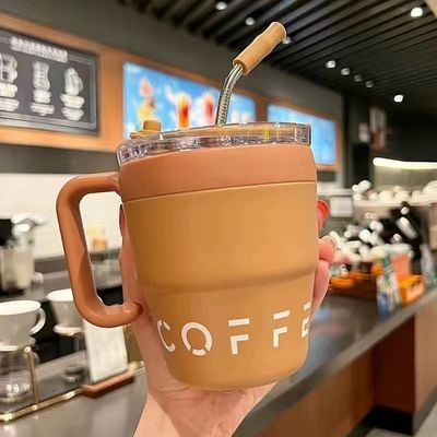 comprare Tumbler in acciaio inossidabile a doppia parete con maniglia e coperchio a paglia 16 oz Tazza da caffè da viaggio a vuoto online manufacture