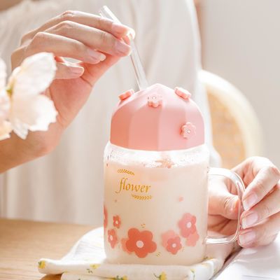 comprare Coppa di vetro a fiore di ciliegio con tappo di silicone di paglia online manufacture