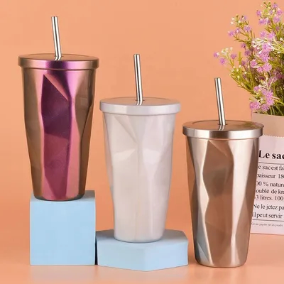 comprare Tazza in acciaio inossidabile personalizzata da 480 ml dal design alla moda con cannuccia, stile country, sfumatura irregolare, per il tè da viaggio fabbricazione online