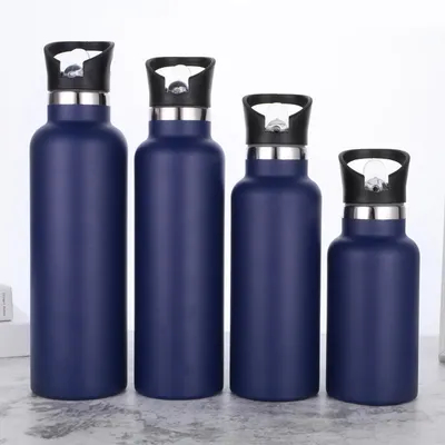 comprare Bottiglie d'acqua in acciaio inossidabile nero 24 once Bottella di viaggio a doppia parete isolante a vuoto con tappo di paglia a prova di perdite di maniglia di metallo termosi di bocca standard riutilizzabili per escursionisti scolastici online manufacture
