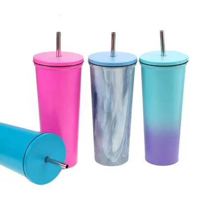 comprare Reutilizzabile 700ml bocca larga Logo personalizzato Tumblers in acciaio inossidabile Tazza di viaggio personalizzata in acciaio inossidabile con paglia Doppia costruzione a vuoto fabbricazione online