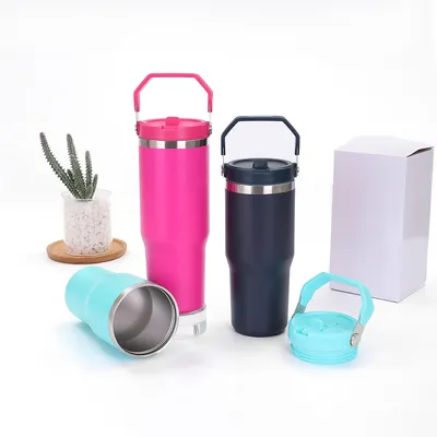 comprare 30 oz Tumbler con manico e coperchio di paglia impermeabile doppio isolante 30 oz Coppa in acciaio inox fabbricazione online