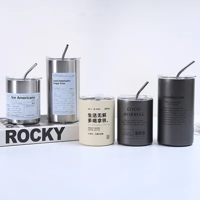 comprare Tumbler Tazza di caffè in acciaio inossidabile Isolamento con coperchio e paglia Stile americano Portatile all' esterno con accompagnamento Paglia Tazze d' acqua sigillate Bicchiere di viaggio a doppia parete fabbricazione online