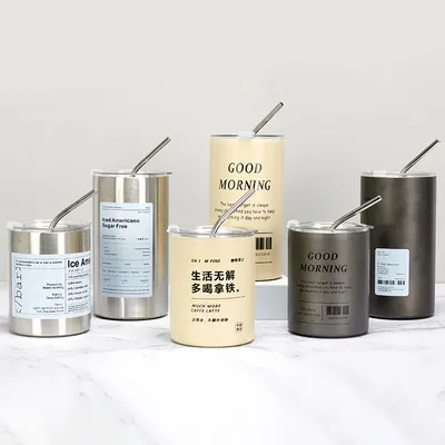 comprare 12oz Tazze Retti Ghiaccio Caffè Tumbler Acciaio Inossidabile Termo Isolato Tazza Caffè Tè Tazza Birra Bevande Tazza Con Coperchio Di Paglia fabbricazione online