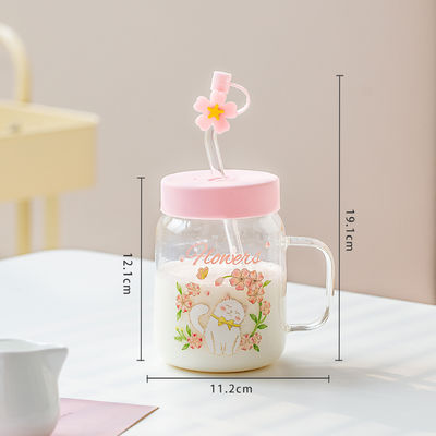 Tazza in vetro trasparente con gatto in rilievo, alta temperatura, carina, grande capacità, con coperchio e cannuccia, per studenti ragazze, tazza per la colazione al latte, ufficio