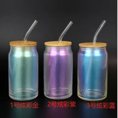 Tazze di vetro colorate con coperchio e cannucce 18 oz Borosilicato vetro Tazze di caffè ghiacciato Smoothie con coperchio di bambù Vetro paglia riutilizzabile Set di vetri colorati 4 confezioni