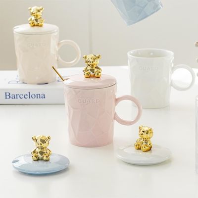 Set di Tazze in Ceramica Premium con Coperchio Orsetto d'Oro, Tazza in Ceramica per Bambine Little Bear con Beccuccio, 300ml