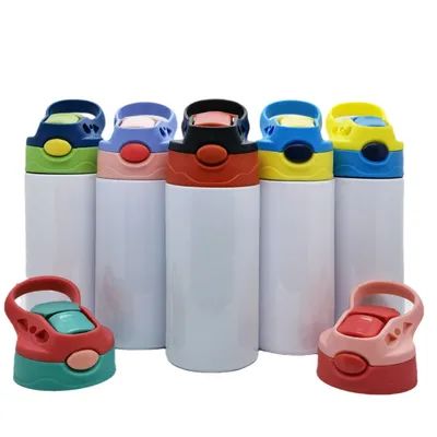 Bambini Sublimazione Tumbler 12oz Sublimazione Bambini Bottiglia d'acqua con un clic Pop-Up Capo di paglia e manico di acciaio inossidabile Isolato Sublimazione Bambini Sippy Coppe bianche con film di riduzione
