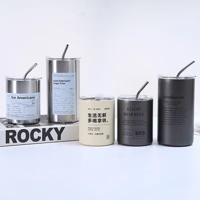 Tumbler Tazza di caffè in acciaio inossidabile Isolamento con coperchio e paglia Stile americano Portatile all' esterno con accompagnamento Paglia Tazze d' acqua sigillate Bicchiere di viaggio a doppia parete